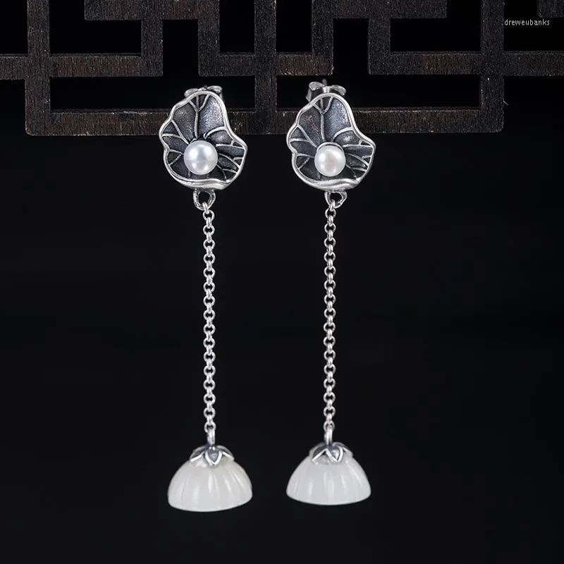 Orecchini pendenti lampadario da donna baccello di loto foglia perla gioielli in giada stile cinese argento sterling 925 lungo appeso all'ingrosso