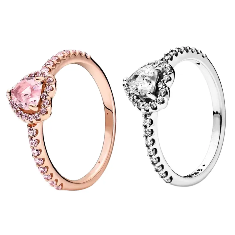 Rose Gold Pink Stone Elevated Love Heart Rings Original Box Set For Real Sier Cz Diamond Women Wedding Ring