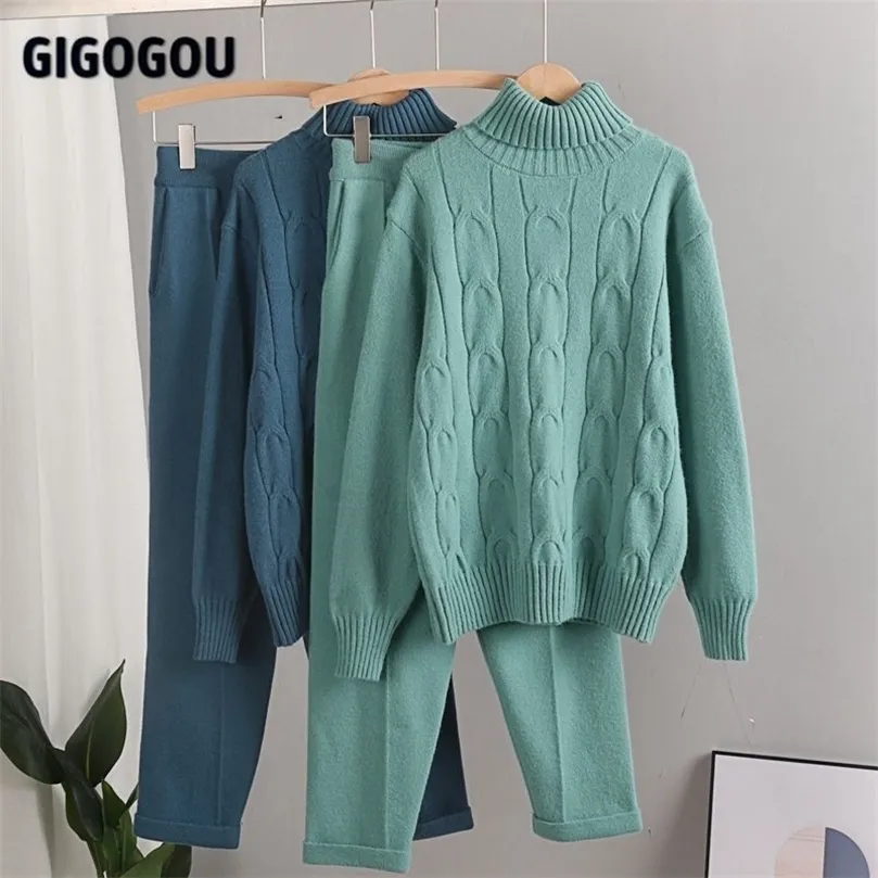 Kvinnors tvåbitar byxor Gigogou Cashmere Womens Tracksuits Thick Women Turtleneck tröja 2Two Piece Set Drawstring Harem Pant Suits Outfits 220819 220826