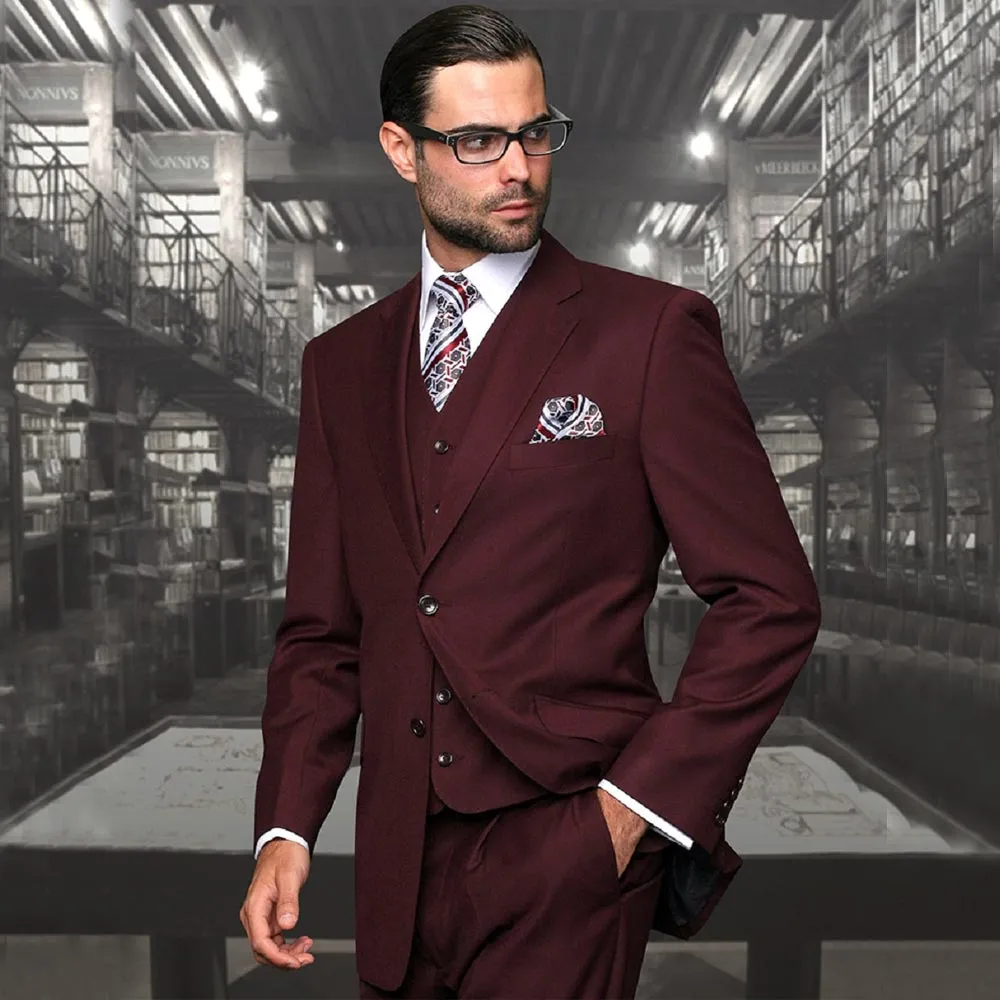 Abiti da uomo bordeaux Slim Fit Groomsmen Smoking da sposa Tre pezzi Designer Blazer con risvolto con intaglio Abito formale con giacca e pantaloni