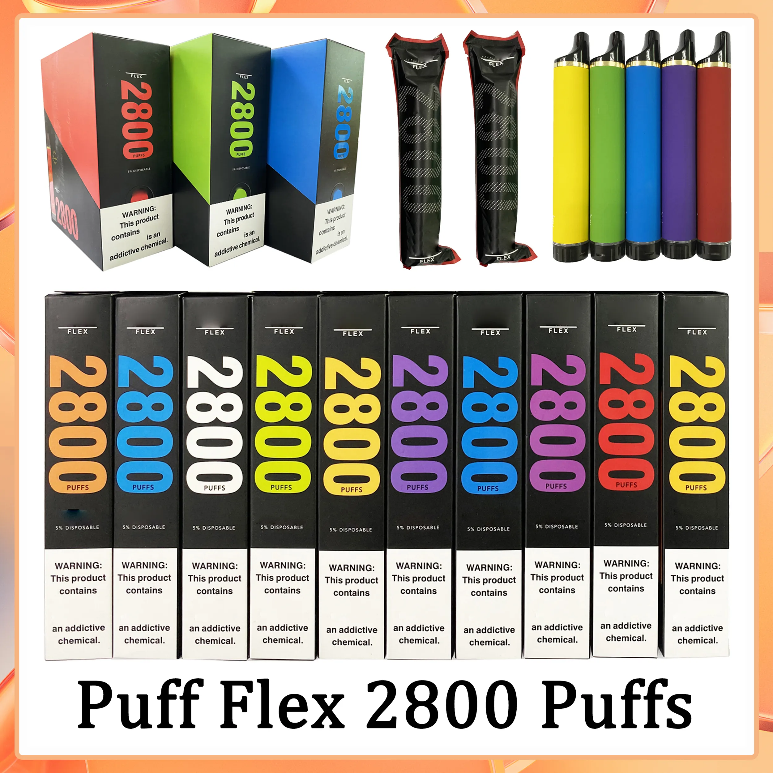 Puf esnek tek kullanımlık bakla e sigara cihazı 2800 puflar önceden doldurulmuş kartuş vape kalem 20 renk