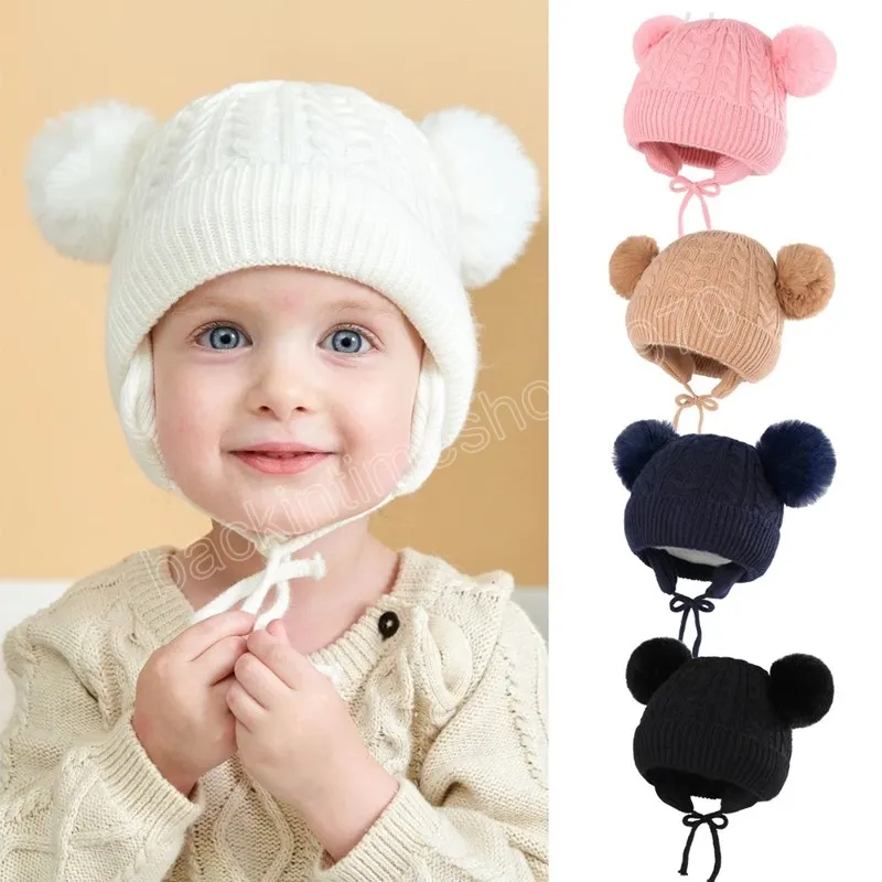 Cappello invernale per bambini con pompon con paraorecchie Fodera in peluche Cappelli per bambini lavorati a maglia Berretto per neonati Cofano per bambini Accessori per ragazze