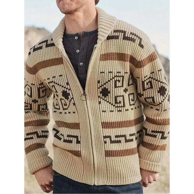 Men's Jackets Men's Lapel Cardigan Printed Decor European And American Hand Knitting Wool Soft Stretchy Coat Loose Various Size Male Sweater 220826