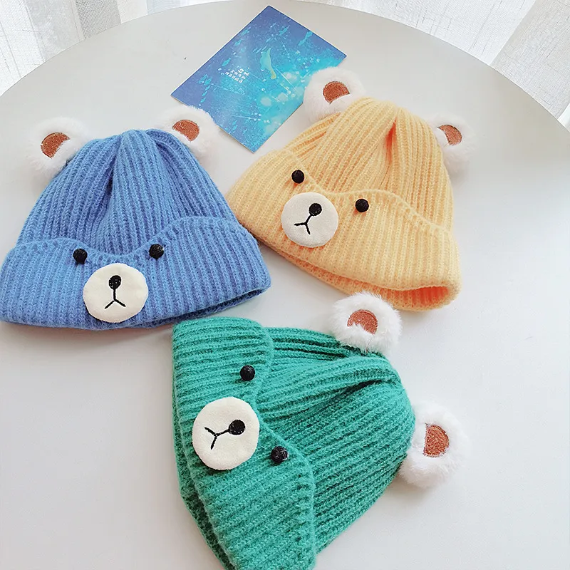 M489 Autumn Winter Baby Kids Knitted Hats Cartoon Bear Soft Caps Children Knitting Warm Beanie Hat