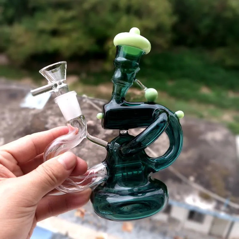 Mini Hookahs 6.5 inch Glass Water Bongs Recycler Dark Green Smoking Pipes with Female 14mm Joint