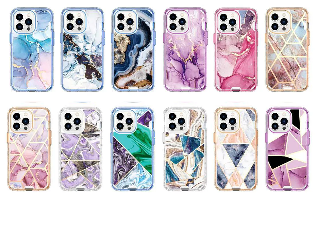 12Designs Marmur 3in1 Case na iPhone 15 14 13 Pro Max 12 11 X XR XS 8 7 6 Plus 3 na 1 twardy komputer TPU hybrydowy warstwa plastikowa geometryczna kamienna okładka telefonu