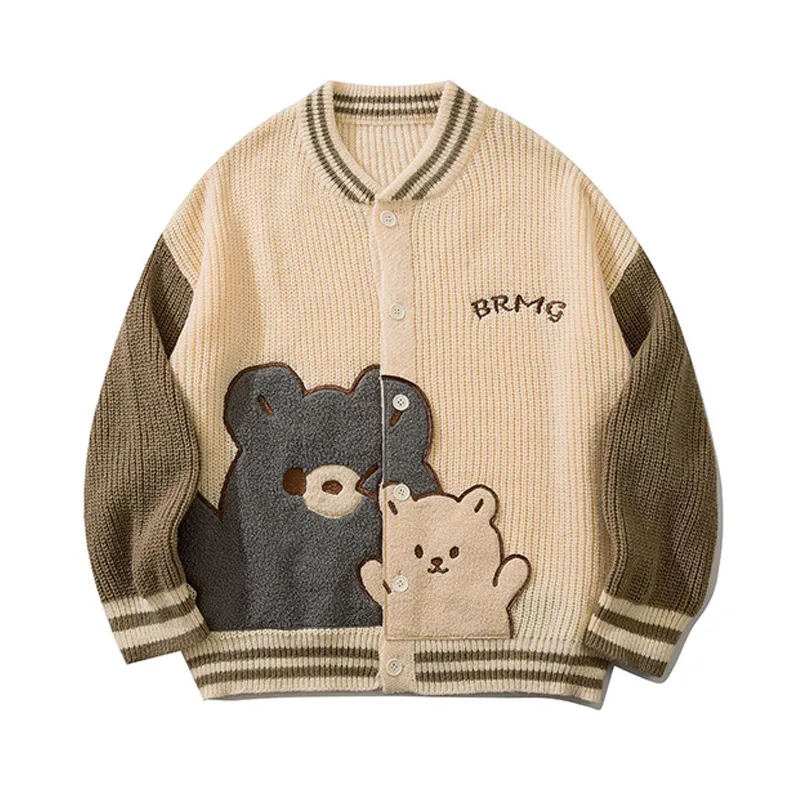 Jackets masculinos Cardigan suéteres de outono botão de pulôver de outono de manga longa urso bloqueando masculino suéter de streetwear casal de estilo coreano desgaste 220826