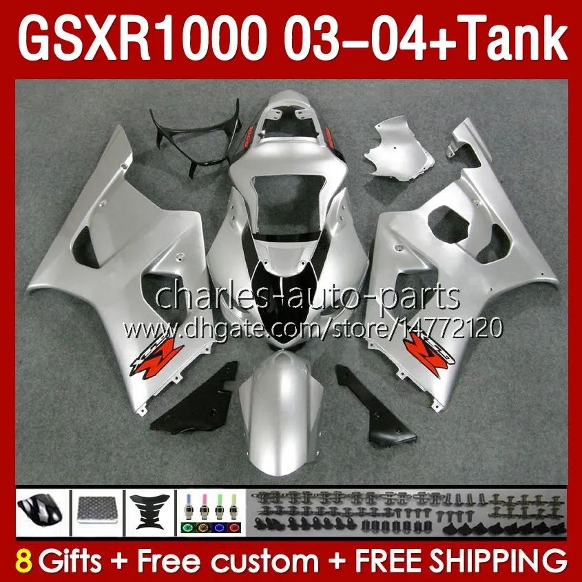 Mold￵es de inje￧￣o para Suzuki GSXR1000 GSXR-1000 K 3 GSX R1000 GSXR 1000 CC K3 03 04 Corpo 147No.55 GSX-R1000 2003 2004 1000cc 2003-2004 OEM Faiting Tank Glossy Silvery Silvery Silvery Silvery Silver