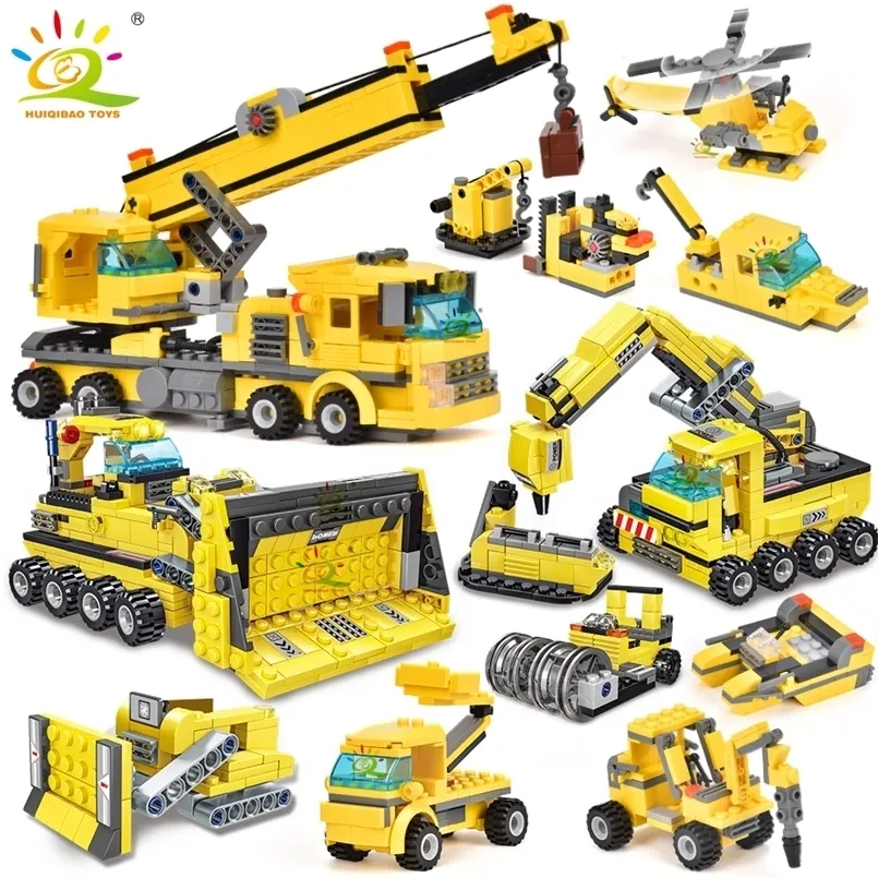 Blocks HUIQIBAO TOYS 693pcs 8in1 Engineering Truck Building Crane Bulldozer Car City Construction Bricks Set For Children Kids 220826