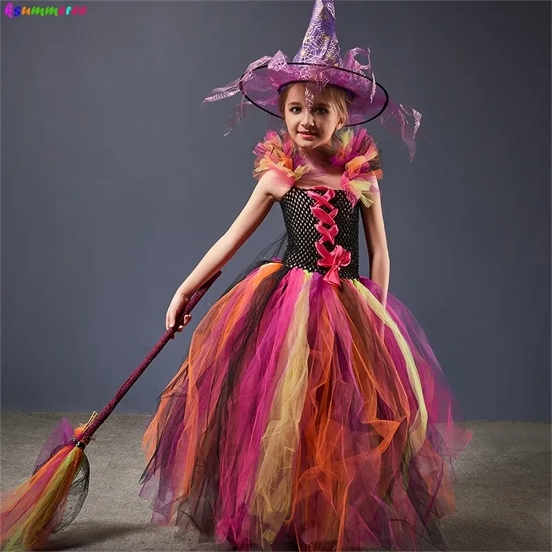 Ocasões especiais Traje de Halloween de bruxa maligna para meninas vestido mágico Tutu Vestido com chapéu e vassoura Cosplay Cosplay Party Party Fancy Vestres A220826
