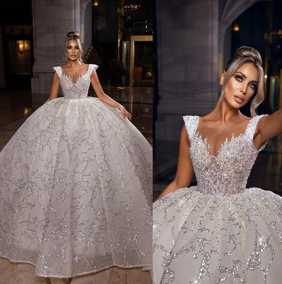 Sequined Sheer Neck Wedding Dress Жемчужина для свадебных платье