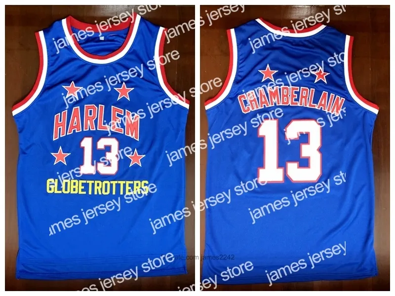 Jerseys de basquete Harlem Globetrotters 13 Wilt Chamberlain College Basketball Jersey Blue vintage All Stitched Size S-3xl