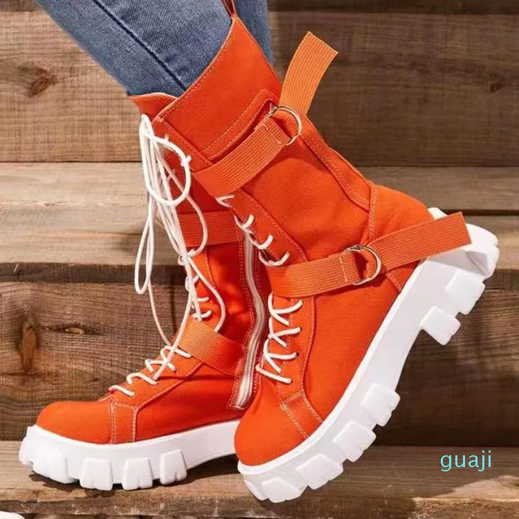 British Style Martin Boots Women Canvas High-top Solid Color Thick-soled Casual Round Head Lace-up Motorcycle Boots