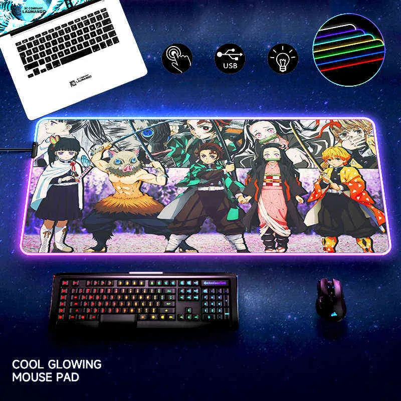 Mauspads Handgelenkstützen RGB Kimetsu no Yaiba Demon Slayer Mauspad Anime XL PC Gamer Tastatur Schreibtischmatte Gaming Zubehör Teppich Kawaii Laptop Mousepad T220825