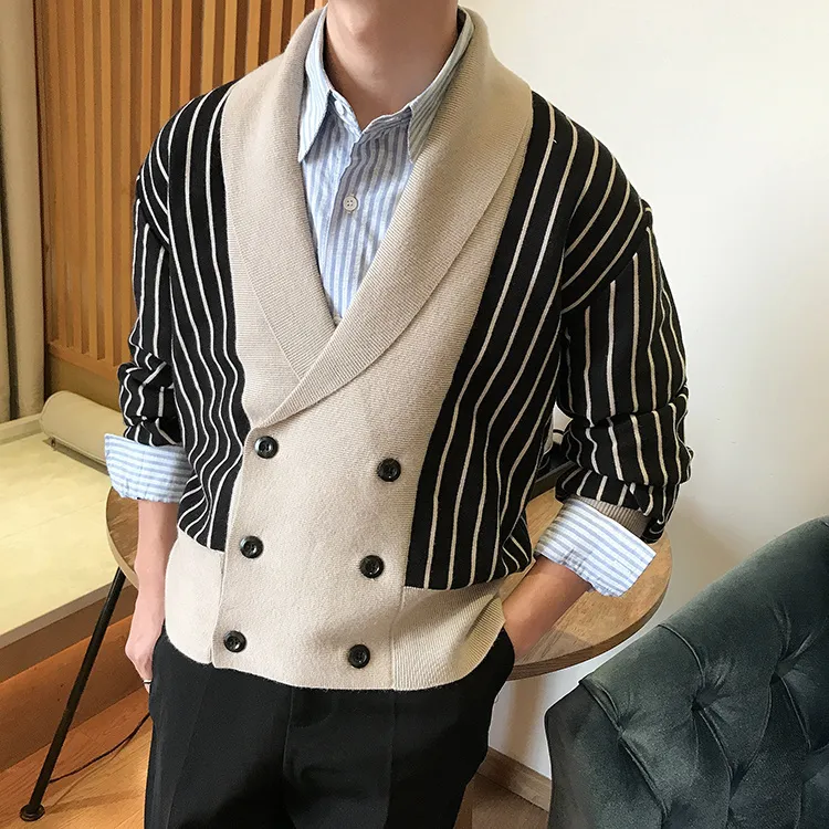 Men's Jackets Autumn British Stripe Double Breasted Coat Men Personalized Slim Lapel Sweater Cardigan Trend Los Hombres Abrigos Heren Vesten 220826