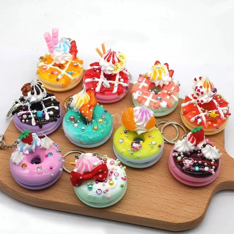 Fofo doce de donuts de chaveiro de chaves de p￣o com alimentos de alimentos para cadeias de chaves de backpack pingente de chaves de keyring j￳ias presentes