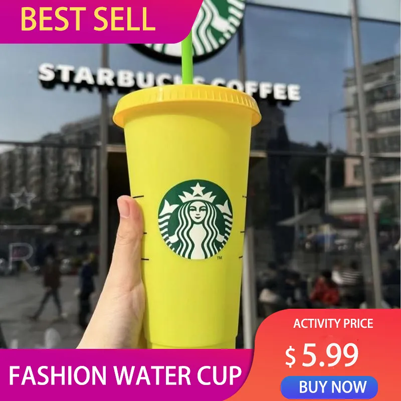 Starbucks Farbwechselbecher-Wasserflaschen mit Deckel und Strohhalm, Plastikbecher, wiederverwendbar, für Partys, 710 ml