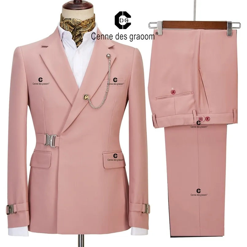 メンズスーツブレザーセンヌデグラームコートデザインダッパースタイルのメタルサイドリリースバックルピンクの男性スーツ2ピースセットディナーウェディングパーティー220826