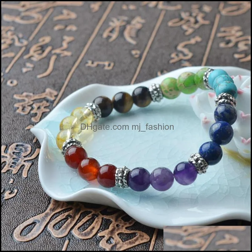 Fili di perline 12Pc/Set 8Mm 7Chakra Colorf Perline di pietra naturale Bracciale di cristallo per le donne Braccialetti di corda intrecciata Reiki Spiritual Yog Dhiro