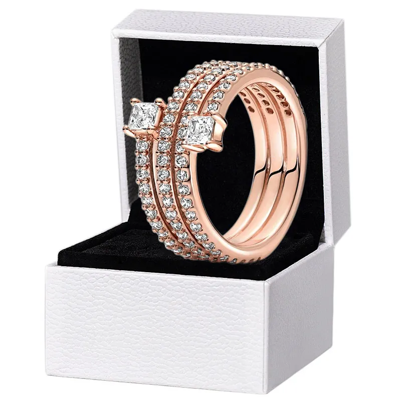NYHET Roséguld Trippel spiralring CZ diamant Kvinnor Flickor Bröllopspresent designer Smycken Originalbox för Pandora 925 Silver Rings Set