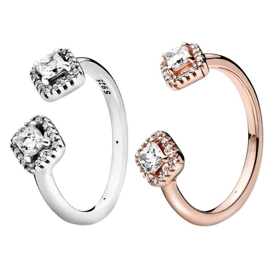 Gerçek 925 STERLING Gümüş Square Sparkle Açık Yüzük Gül Altın Kadın Düğün Tasarımcı Takı Pandora için Orijinal Kutu CZ Diamond Rings