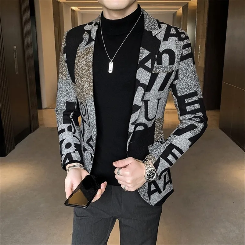 Męskie garnitury Blazers List Drukuj wełniany wełniany zima mężczyźni swobodna kurtka marynarska Slim Party Club Wedding Social Blazer Homme S-5xl 220826