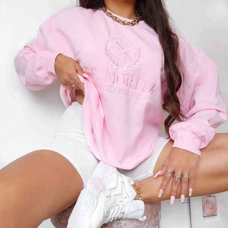 Dam Luvtröjor Sweatshirts Rosa bokstavsbroderi Tröja med rund hals överdimensionerad dam Vintertröjor Lös vintage Casual Långärmad Streetwear Damtröjor T220826