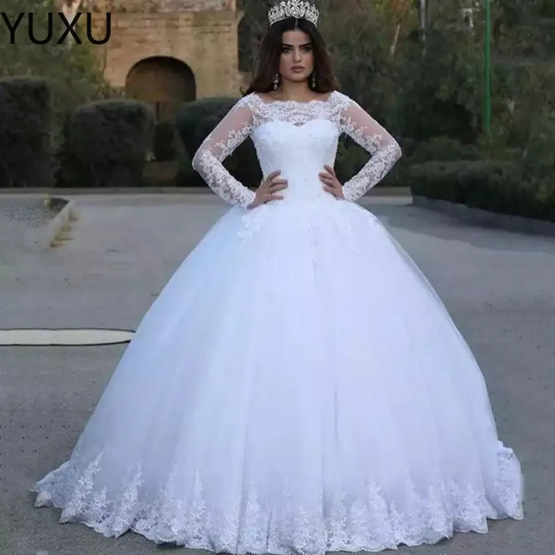 2023 Abiti da ballo in pizzo Abiti da sposa Maniche lunghe Fiori 3D Abito da sposa con perline Abiti da sposa