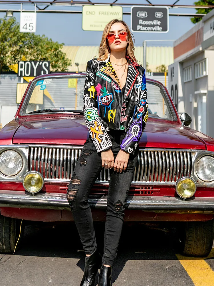 Colorful Graffiti Pu Leather Biker Jacket with Rivet Beading