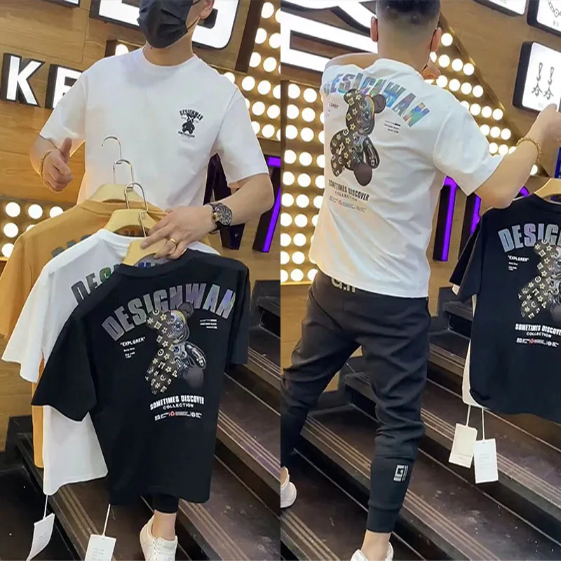 Męskie T-shirty Mały nadruk w misie Męskie koszulki Trend Lato Dorywczo Luźna Bawełna merceryzowana Okrągły dekolt Modna odzież typu streetwear M-7XL