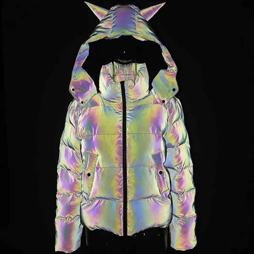 女性冬の虹の反射ホーンパーカスバブルコートパフスキラキラ光沢のあるかわいいフード付きジャケットOutcoat279S