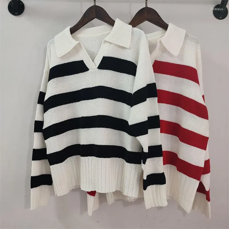 Frauenpullover High Fashion Revers Wolle Frühling und Herbst Lose Langarm Striped Pullover Pullover Frau