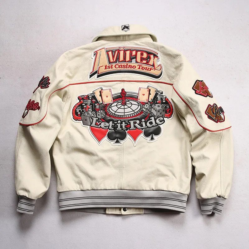 AVIREX Hip Hop Wide Version Schaffell-Lederjacke mit klassischer Casino-Stickerei und Schaumstruktur