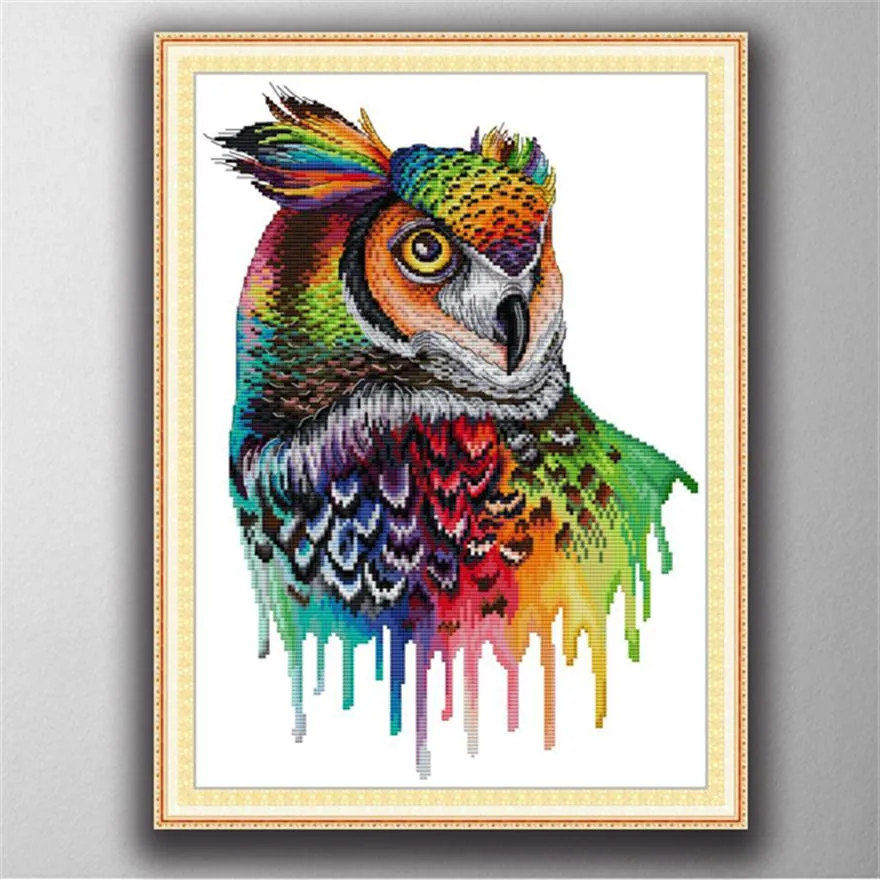 Rainbow Owl Handmade Cross Stitch Craft Tools Borderyer Behithwork Sets Counted Print on Canvas DMC 14CT 11CT235J