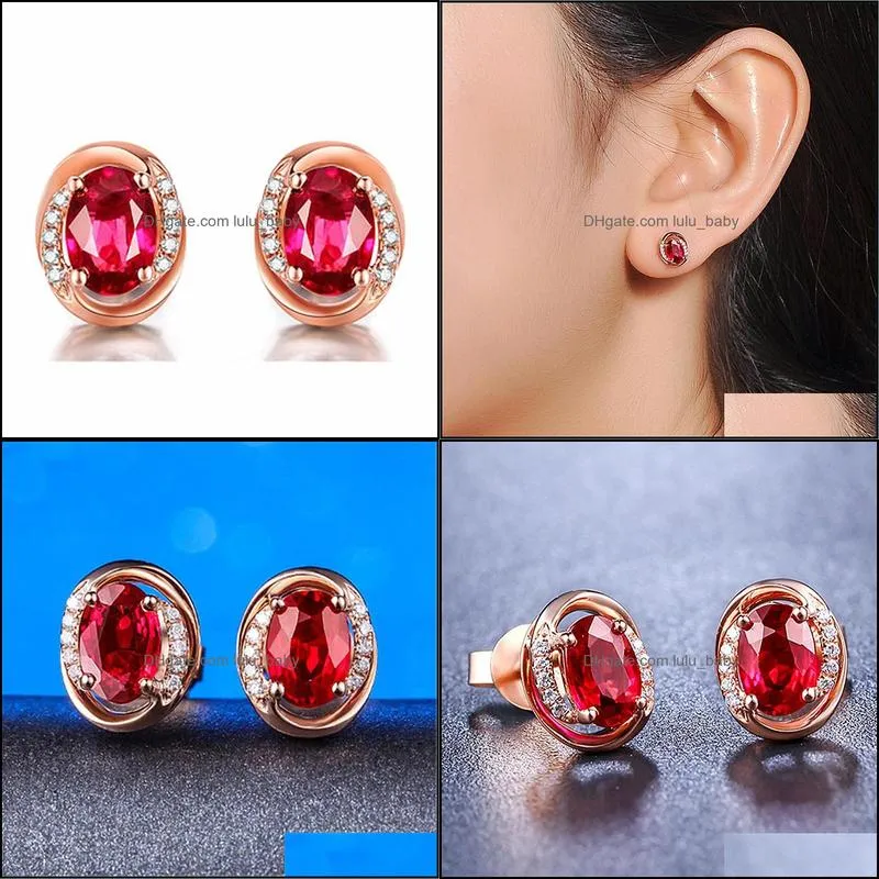 Stud gouden oorbellen voor vrouwen sieraden accessoires ovaal ruby ​​zirkon edelsteen bruiloftsfeest cadeau groothandel drop levering 2021 lulubaby dhn4c