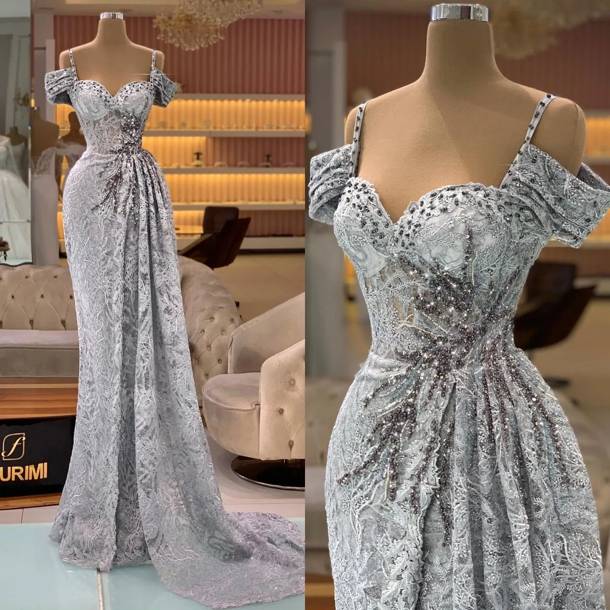 Серебряная серая русалка платья с бисером кружева, аппликативные от плече