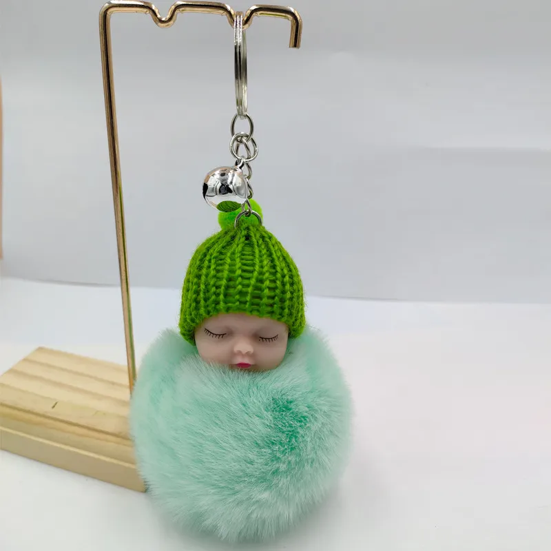 Cute Sleeping Baby Doll Key chain Pompom Rabbit Fur Ball Carabiner Keyring Women Kids Key Holder Bag Pendant 50