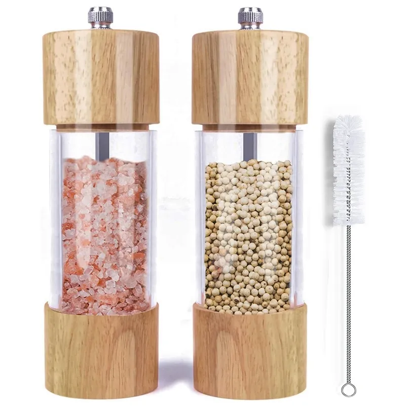 Mills Wooden Salt and Pepper Grinder Set Manual Salt and Pepper Mills with Acrylic Visible Window and Cleaning Brush 2 Pack 220827