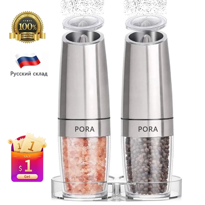 Mills 2Pcs Set Electric Pepper Mill Stainless Steel Automatic Gravity Shaker Salt and Pepper Grinder Kitchen Spice Grinder Tools 220827