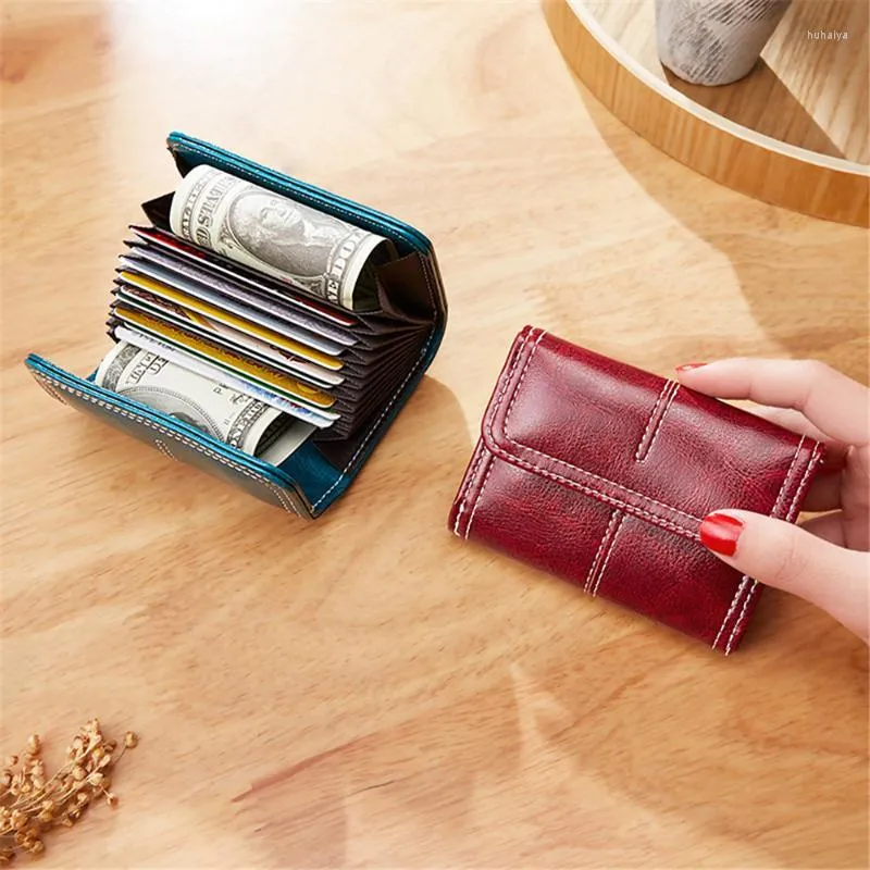 Kaarthouders Vintage Oil Wax Pu Leather Multi-Card Slots Organ Buckle Holder Wallet Mini Small Business Damesmunt Portemonnees