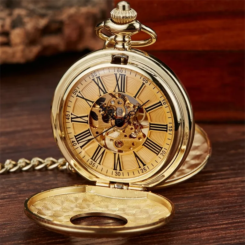 Pocket Watches Vintage 2 Sides Open Case Mechanical Mens Double Face Roman Dial Clock Hand Wind With Fob Chain Gift 220826