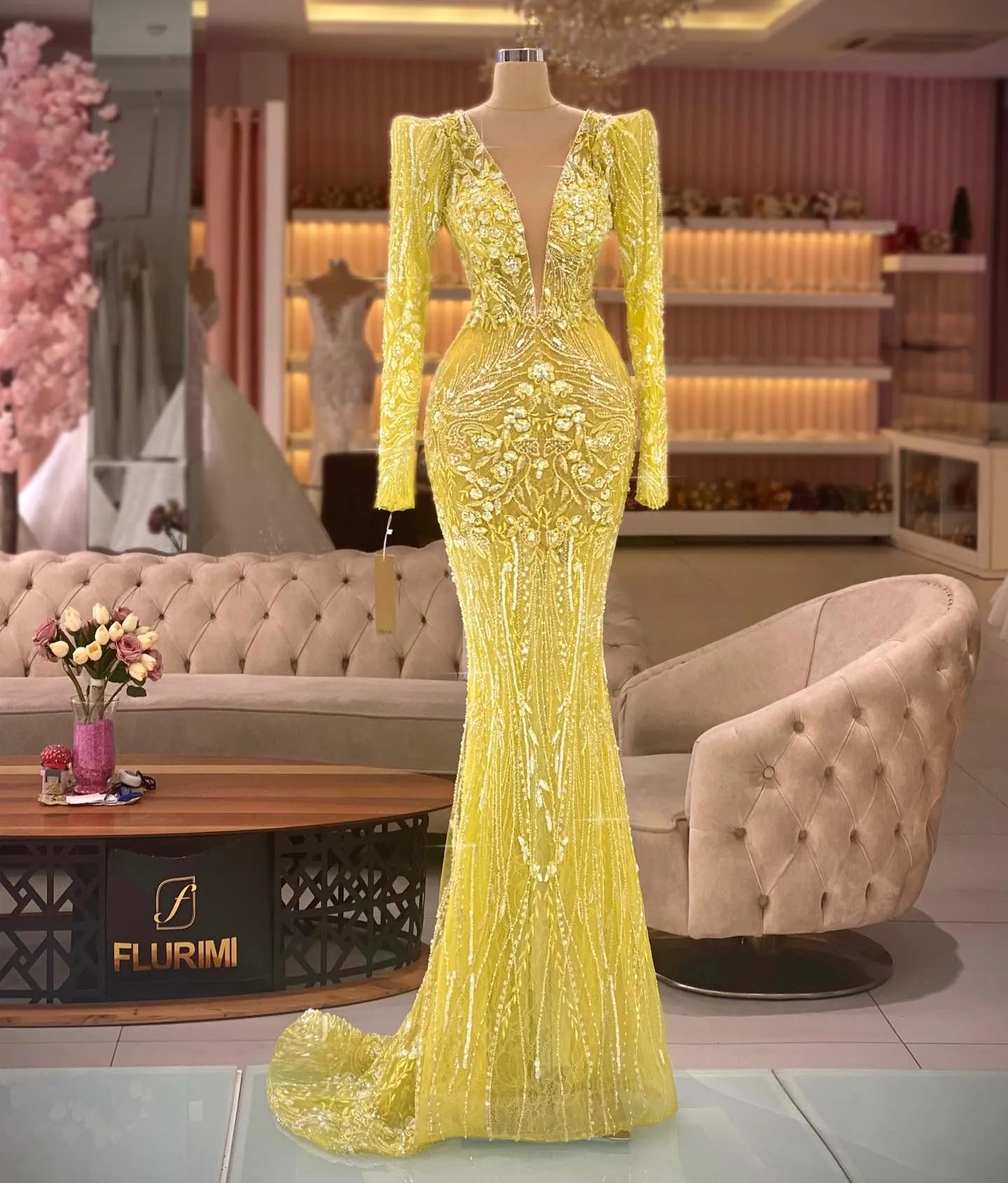 fitted lace wedding dress Sunnypetal Yellow Long Sleeves Sequin Tulle Party Dress for Girls with   sunnypetal