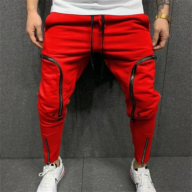 Pantalon homme Cargo mode couleur unie cordon décontracté Multi fermetures éclair poches pantalon Hip Hop Style Harem Streetwear 220827