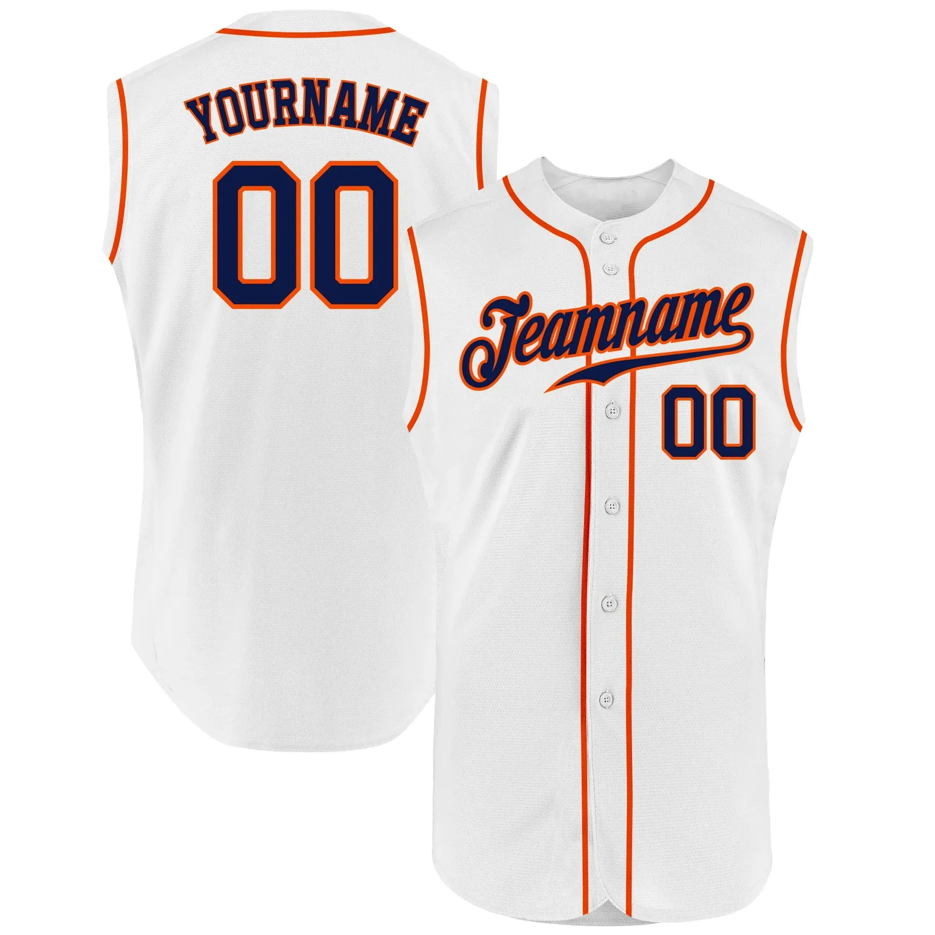 Jersey de béisbol sin mangas auténtico azul marino-naranja personalizado blanco