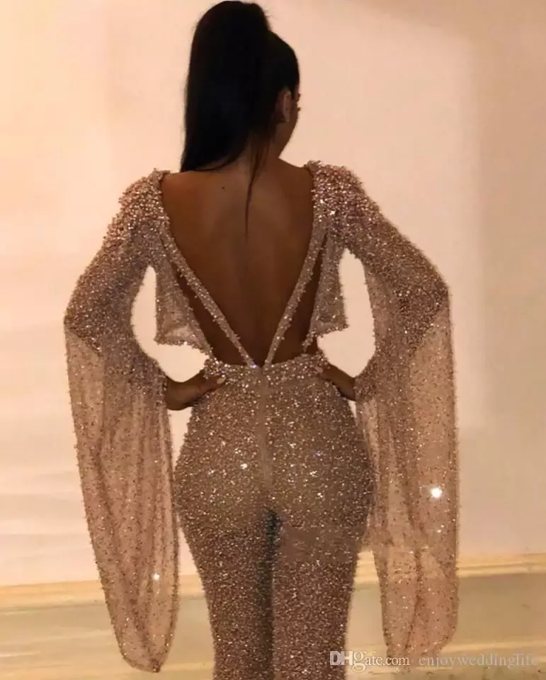 Sparkly paljetter Tvådelade aftonklänningar Jumpsuit Designer Backless långa ärmar golvlängd prom klänning formellt slitage 2022 plus siz238e