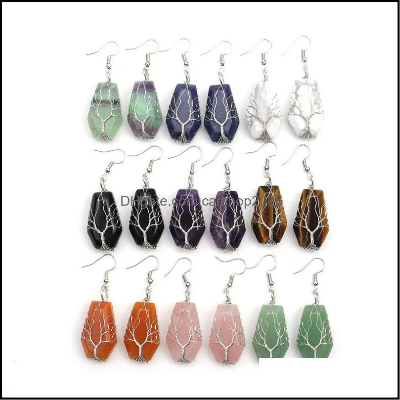 Dangle Chandelier Natural Stone Crystal Agate Earrings Wrap Tree Of Life Lucky Treature Coffin Shape Charms Wholesale Women Jewelry D Dhzic