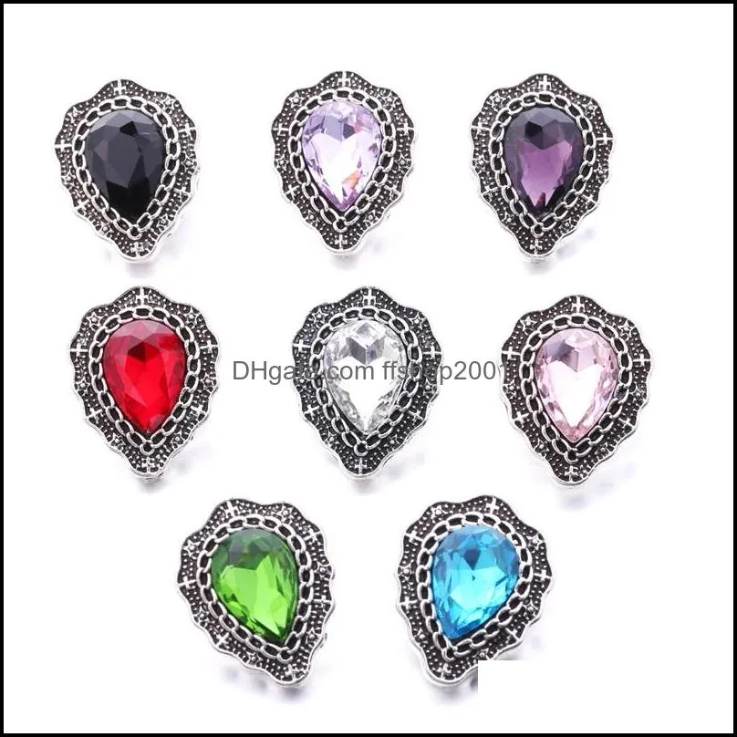 Charms Colorf Crystal Vintage Sier Color Snap -knapp Kvinnes smycken Fynd Vattendropp Rhinestone 18mm Metal Snaps Knappar Diy Bracele Dhj8z
