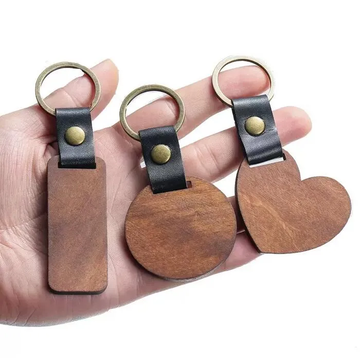 DIY 나무 키 체인 빈 조각 된 가죽 나무 키 체인 펜 던 트 수하물 장식 심장 라운드 키 체인 열쇠 고리