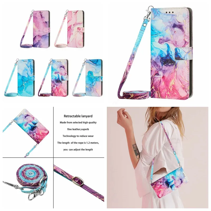 Marble Leather Wallet Cases For Xiaomi Poco M4 Pro 4G X4 Mi 11 Lite 12 Redmi 10 10c 10A 10 5G Note 10 11 Granite Quartz Rock Holder Flip Cover Purse With Long Crossbody Strap