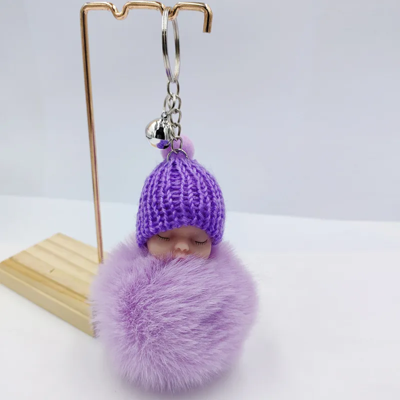 Cute Sleeping Baby Doll Key chain Pompom Rabbit Fur Ball Carabiner Keyring Women Kids Key Holder Bag Pendant 50